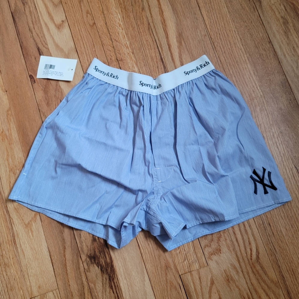 Sporty & Rich Heritage Yankees Serif Boxer Navy Stripe Size S NWT
